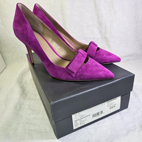 Ann Taylor Odette Suede Bow 3.25” Stiletto Heel Pump 8.5 Cool Berry Fuchsia - Picture 1 of 13
